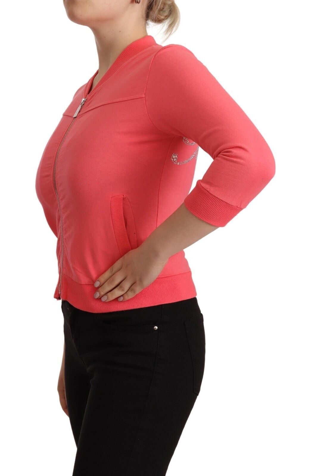 Blumarine pembe 3/4 kollu, fermuarlı, süslemeli kazak